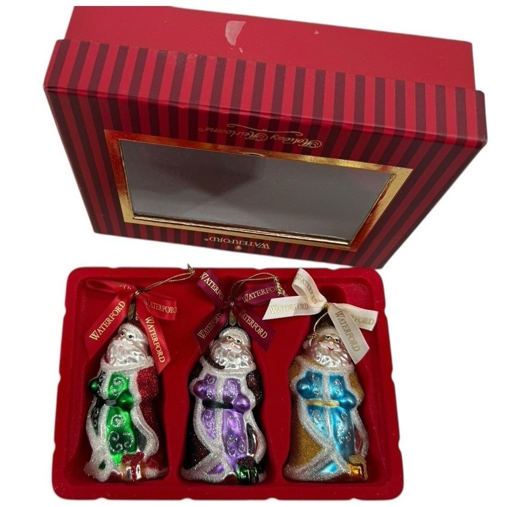 Waterford Holiday Heirlooms Santa Ornaments Set Of 3 Glass 3 1/2 Boxed